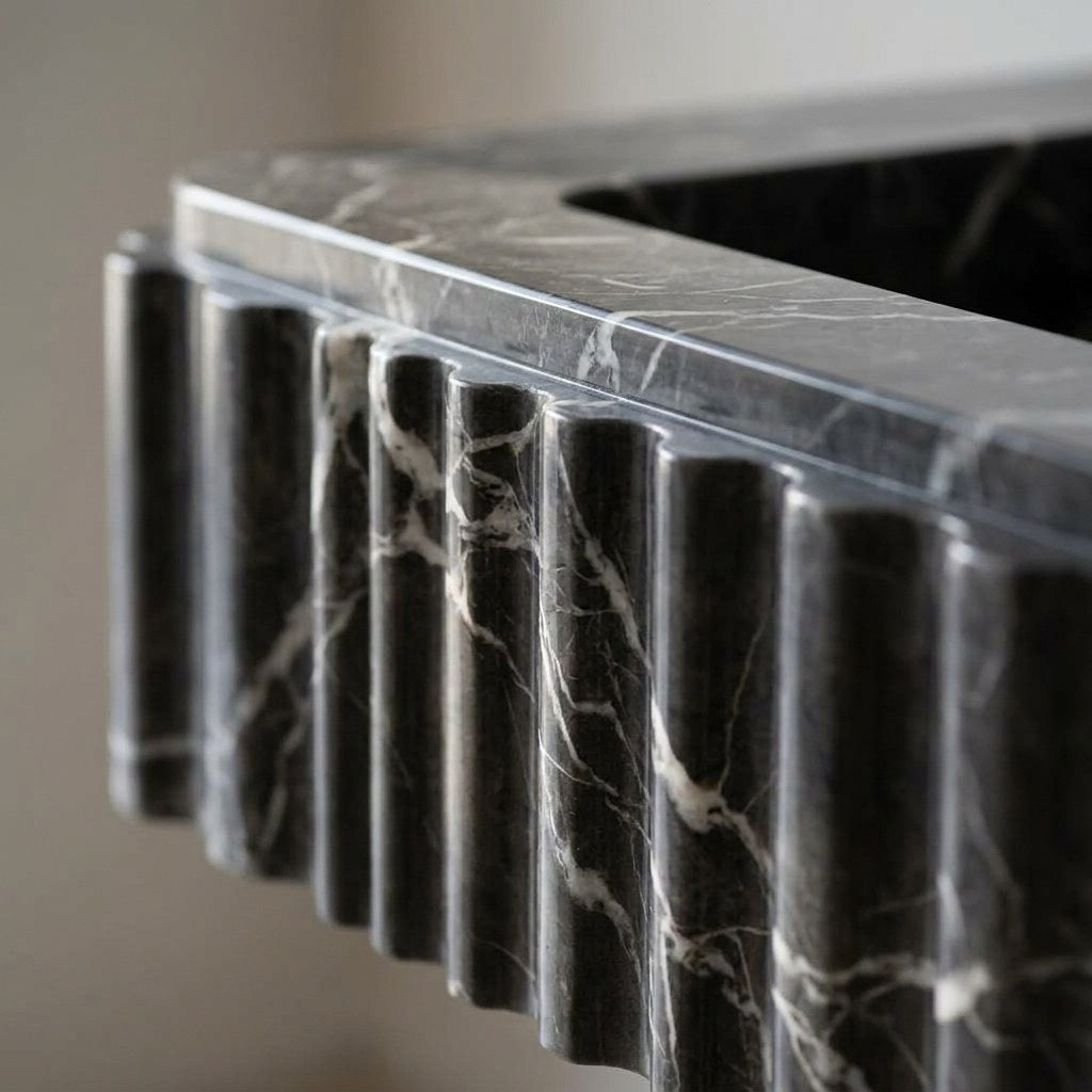Pietra Notte Fluted Marble Sink with Backsplash — marble detail — view 3