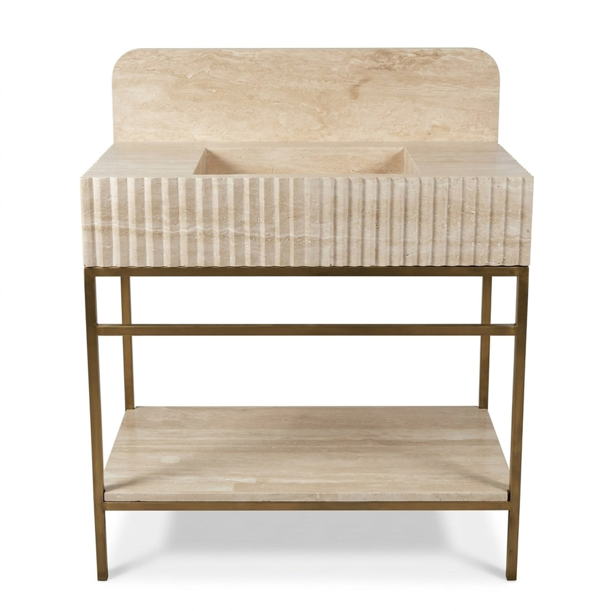 Fluted Travertine Sink with Brass Stand and Backsplash — view 1