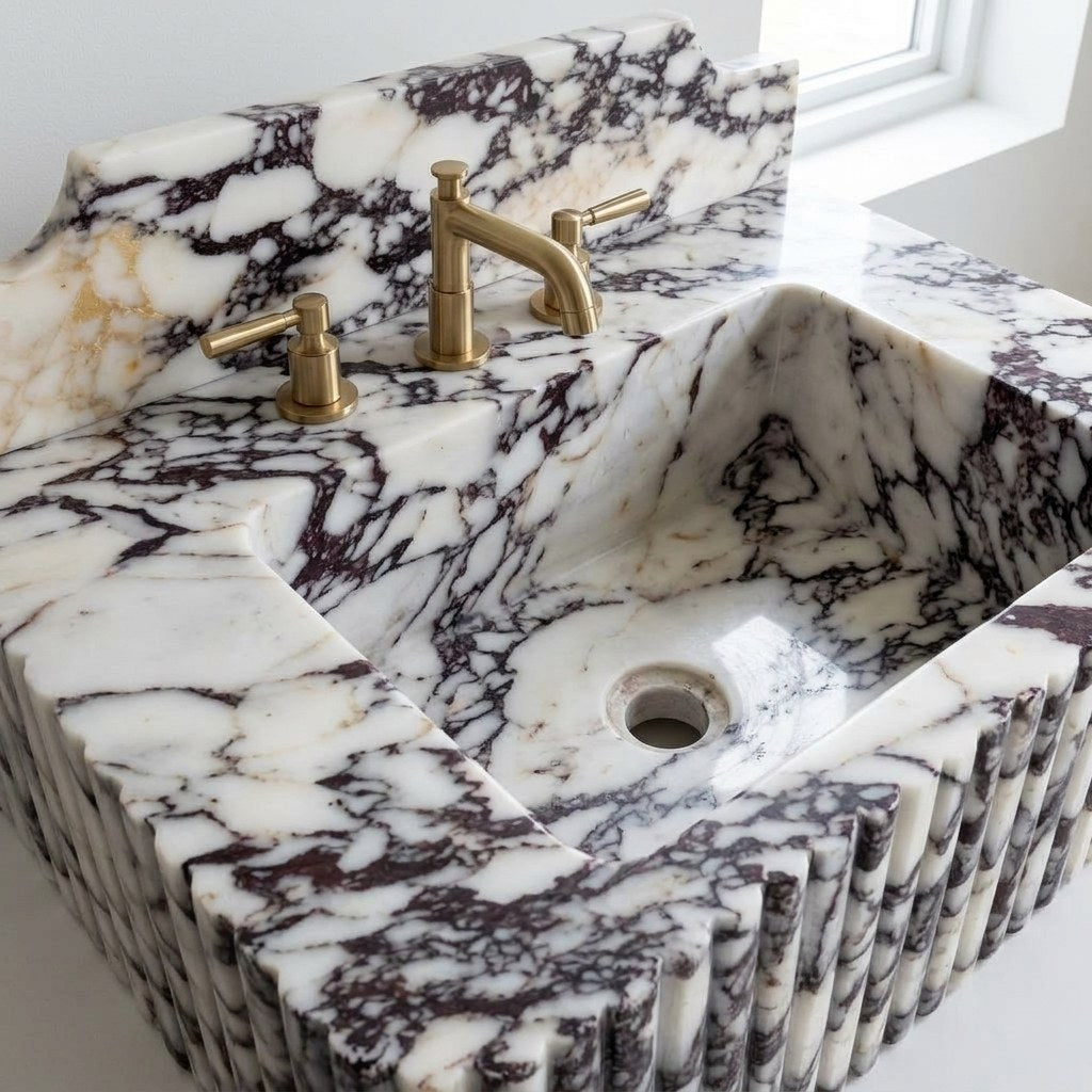 Calacatta Viola Fluted Marble Sink with Backsplash — detail — view 3