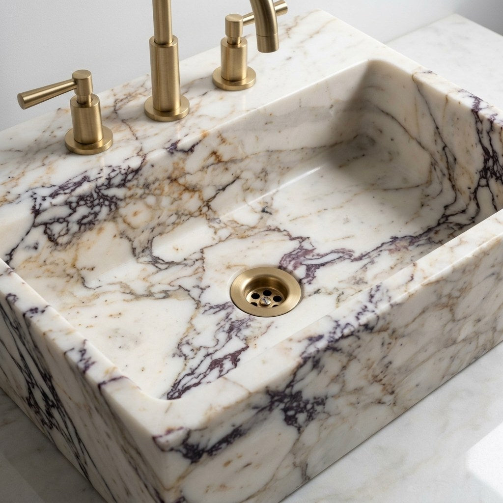 Calacatta Viola Polished Rectangular Marble Sink — detail — view 3