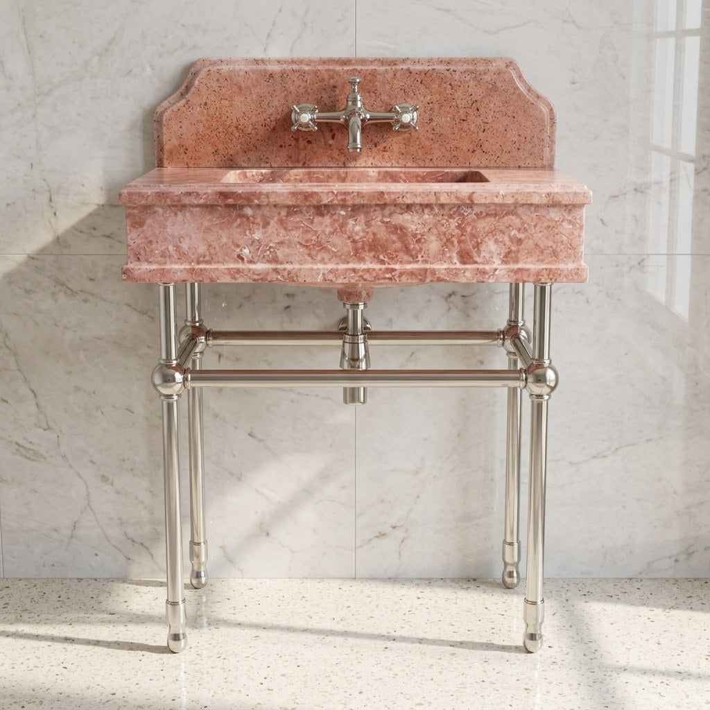Polished Travertine Sink with Backsplash and Brushed Steel Stand — detail — view 4