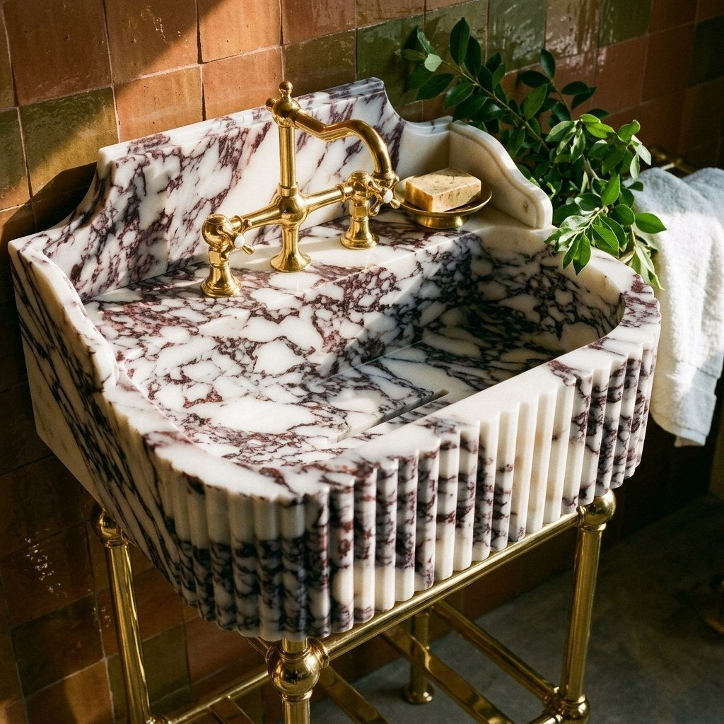 Calacatta Viola Fluted Marble Sink with Brass Stand and Backsplash — premium — view 2