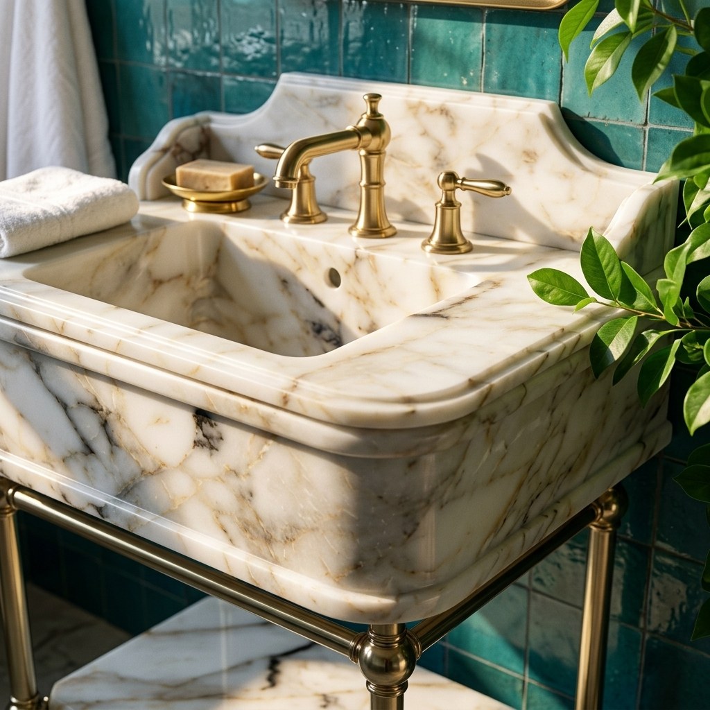 Calacatta Gold Marble Sink with Brass Stand and Backsplash — premium — view 2