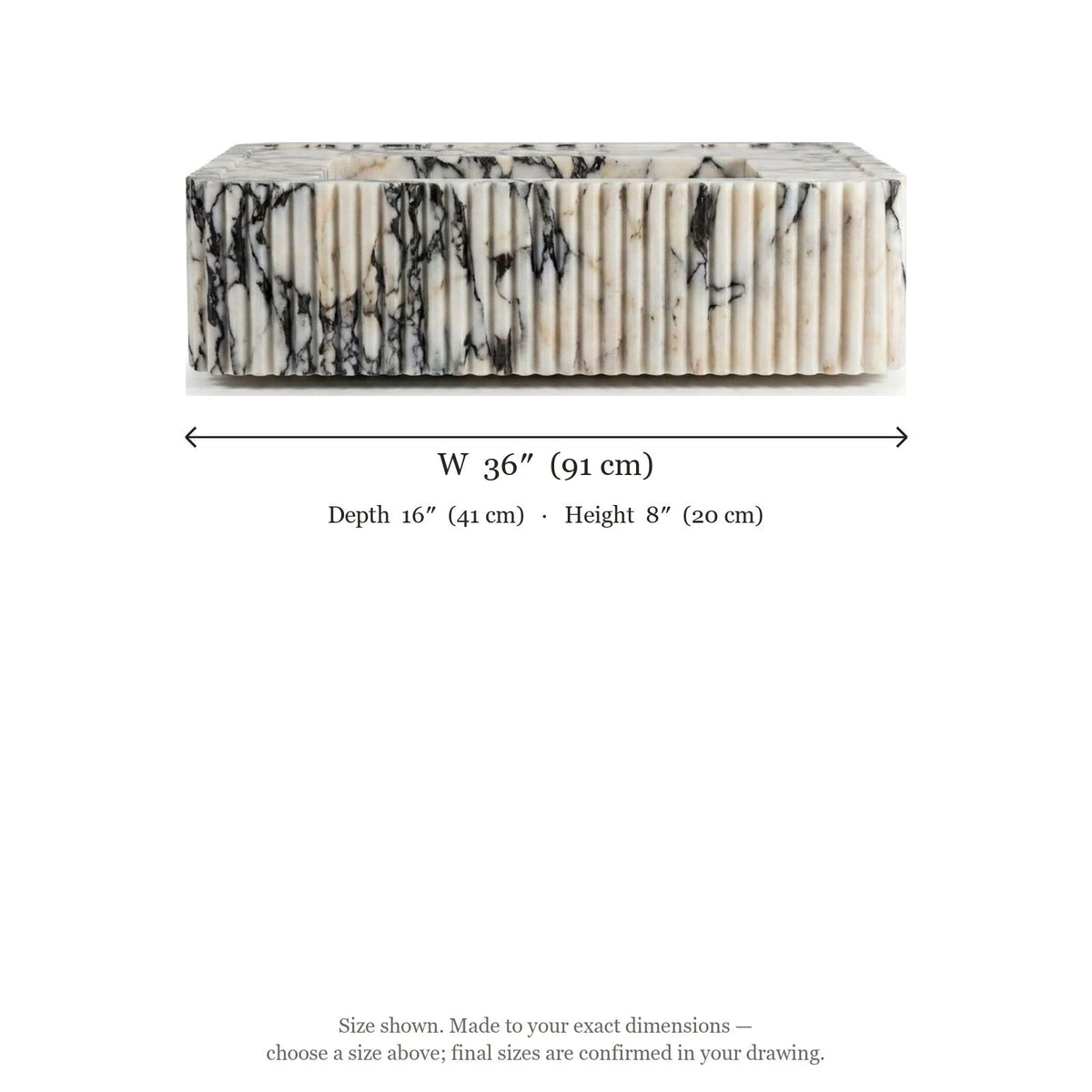 Calacatta Viola Fluted Polished Marble Sink — dimensions — view 4