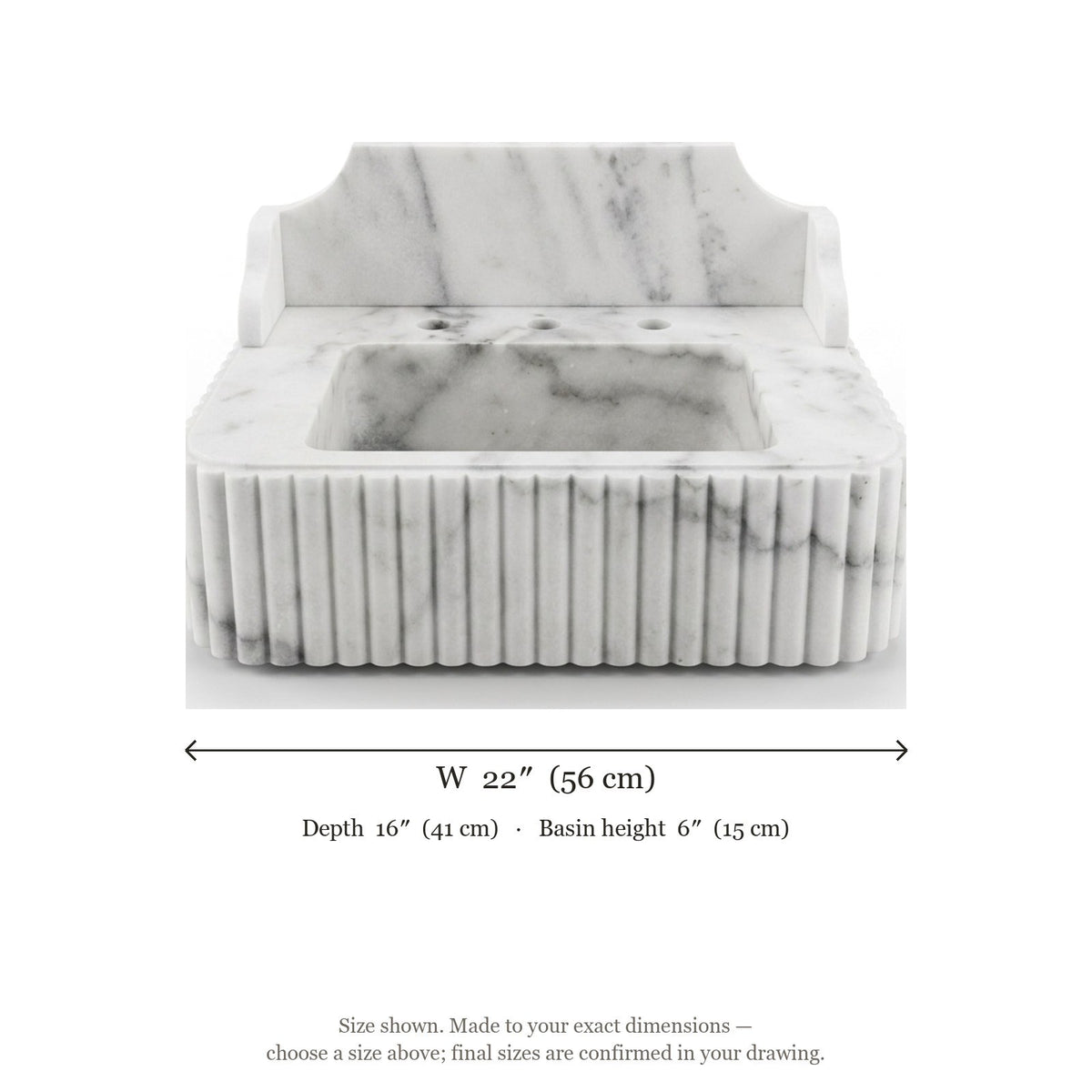 Carrara Fluted Marble Sink with Metal Stand and Backsplash — dimensions — view 4