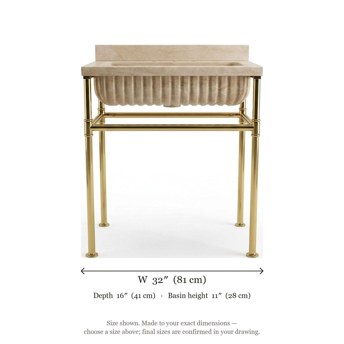 Travertine Fluted Console Sink with Brass Stand — dimensions — view 5