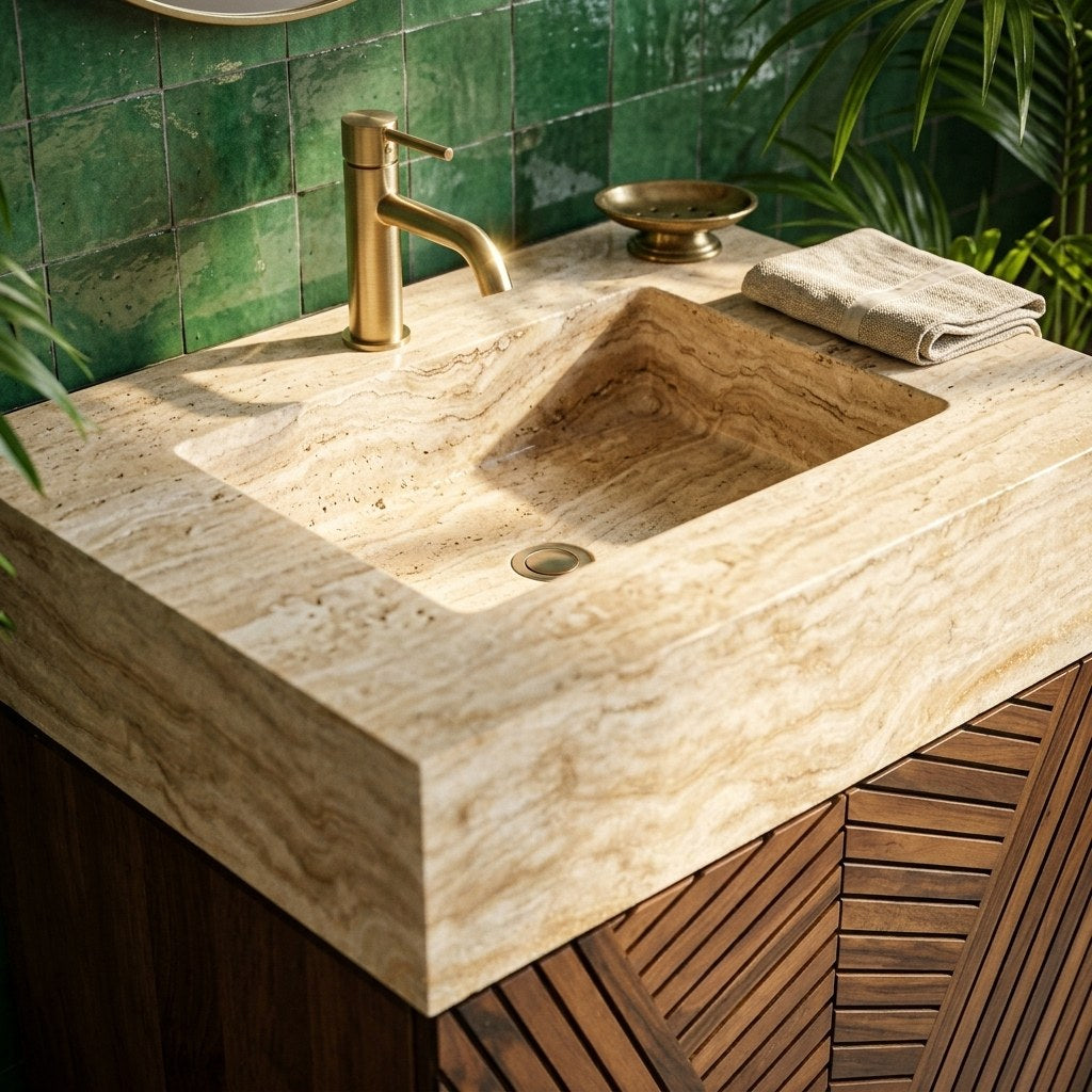 Polished Travertine Vanity Sink — premium — view 2