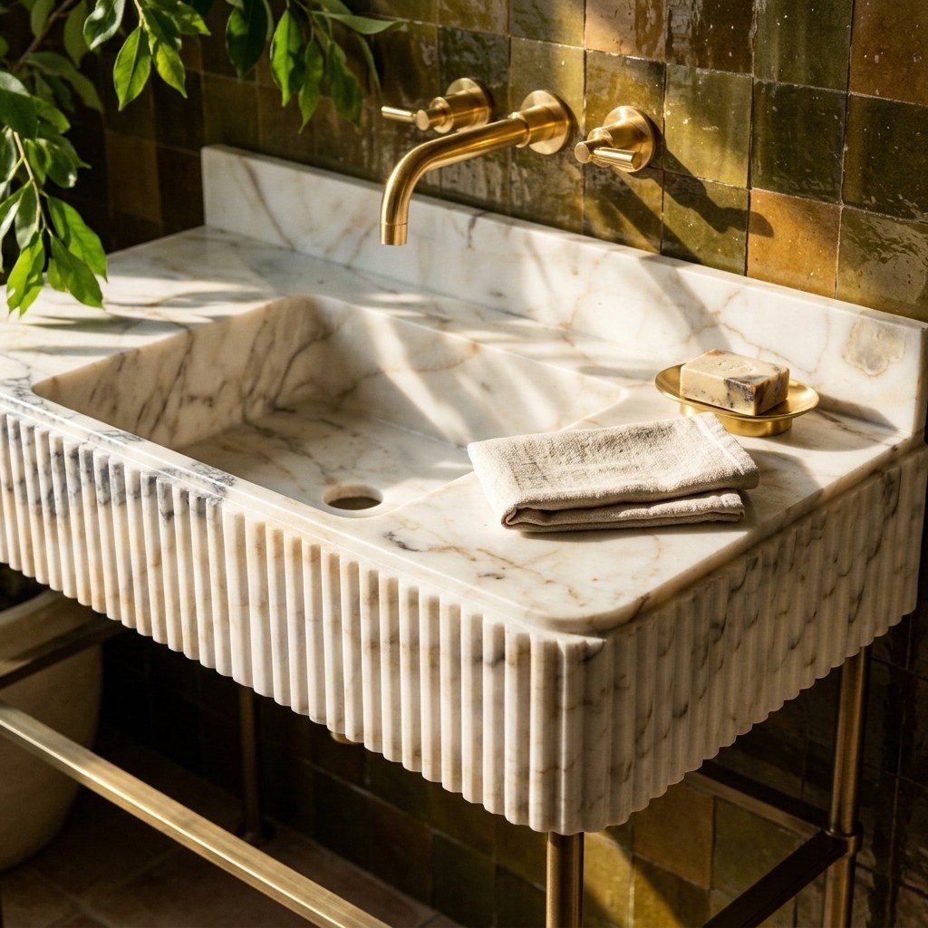 Calacatta Gold Fluted Marble Sink with Brushed Steel Stand — premium — view 2