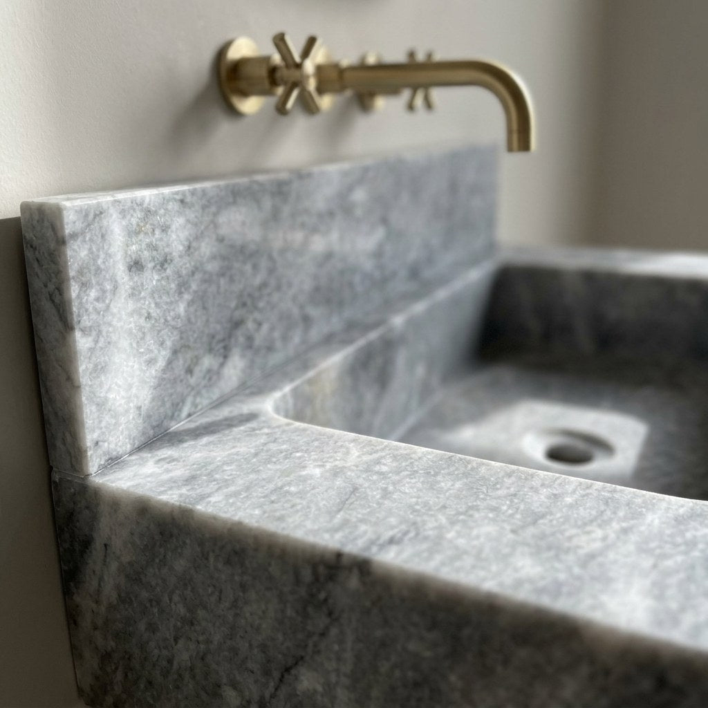 Polished Grey Marble Sink with Backsplash — marble detail — view 3