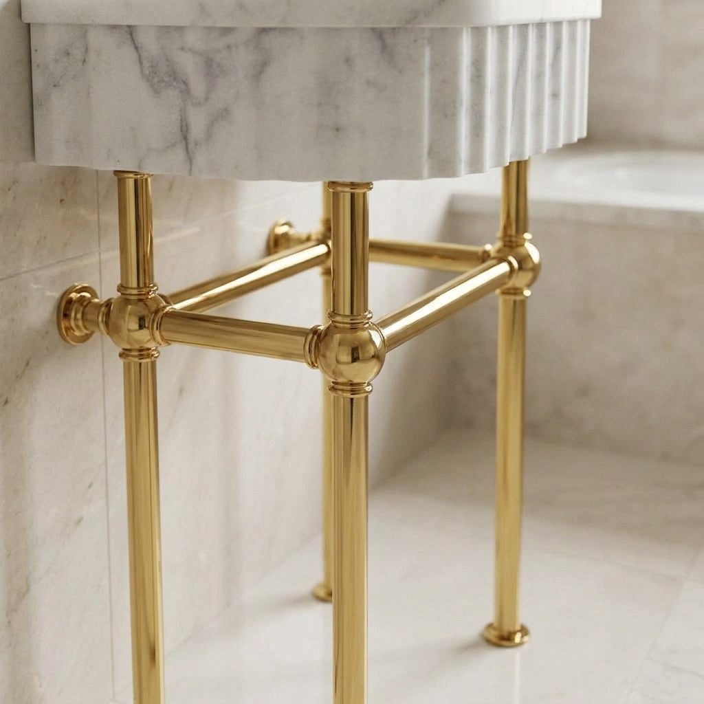 Carrara Fluted Marble Sink with Brass Stand — detail — view 3