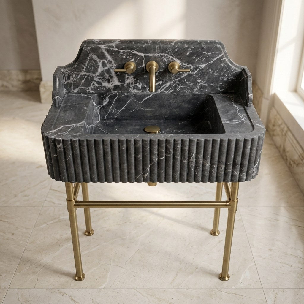 Pietra Notte Fluted Marble Sink with Brass Stand — detail — view 4