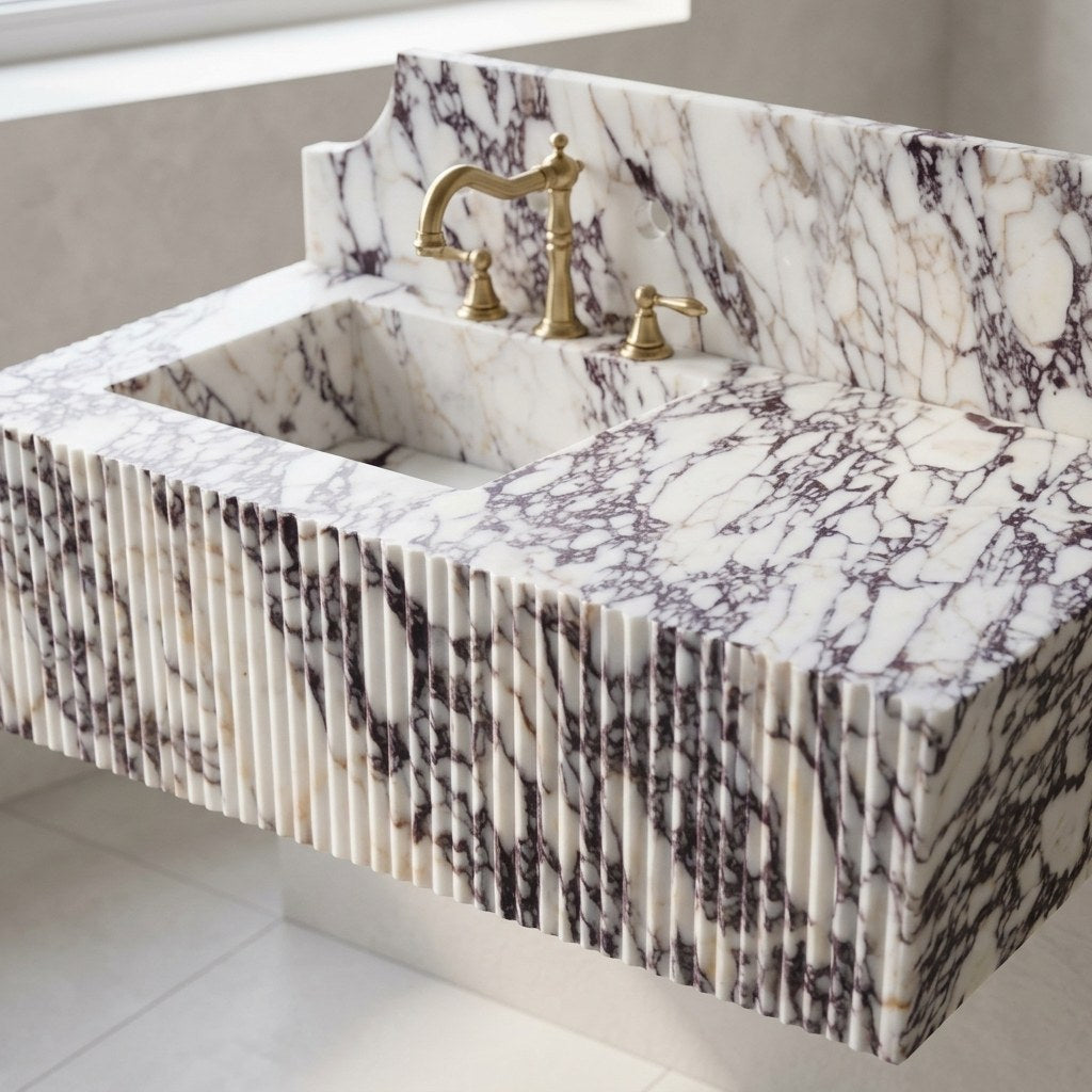 Calacatta Viola Fluted Marble Sink with Backsplash — marble detail — view 3