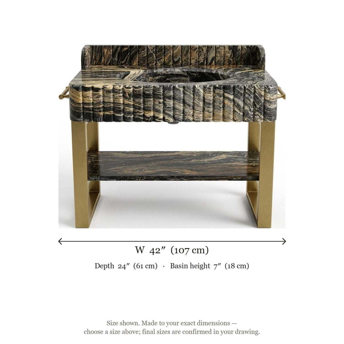 Picasso Fluted Marble Sink with Brass Stand — dimensions — view 5
