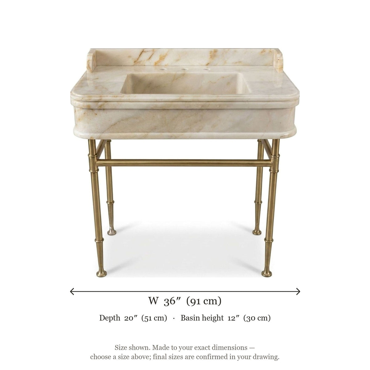 Calacatta Gold Marble Console Sink with Brass Stand — dimensions — view 5