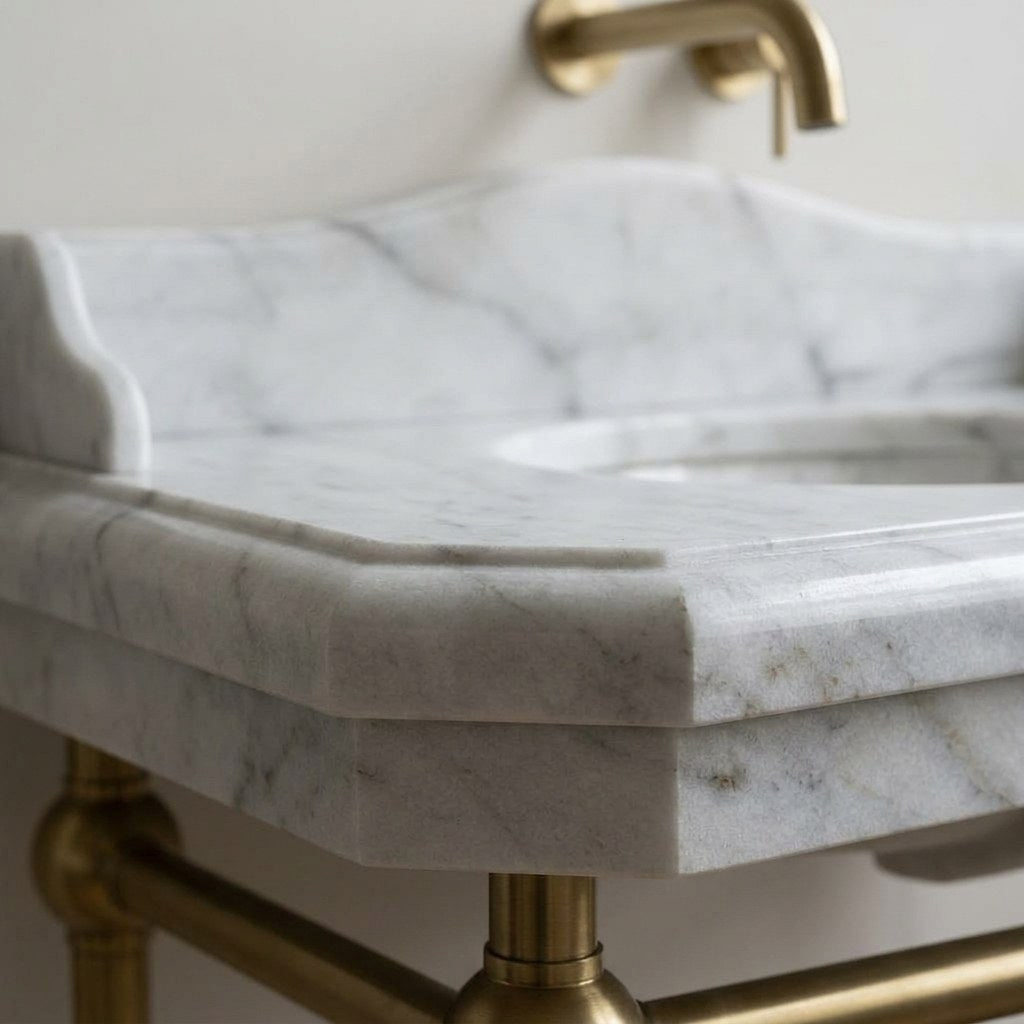 Carrara Marble Sink with Brass Gold Stand and Backsplash — marble detail — view 3