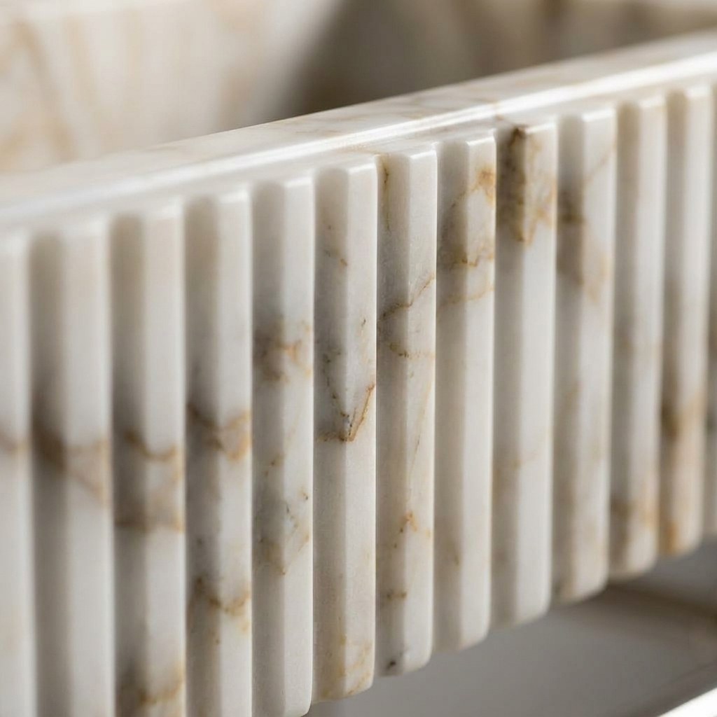 Calacatta Gold Fluted Marble Sink with Brushed Steel Stand — marble detail — view 3