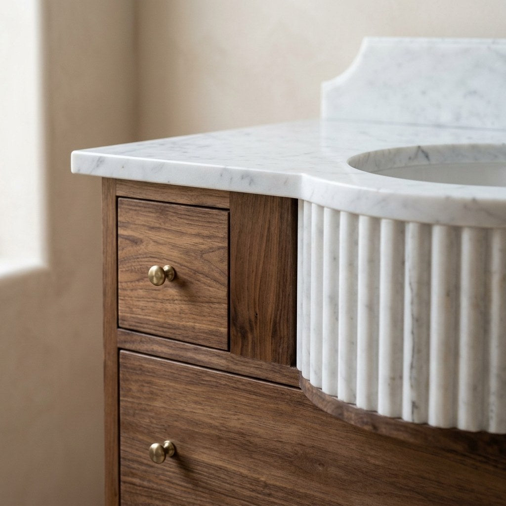 Carrara Marble Fluted Vanity Sink with Backsplash — detail — view 4
