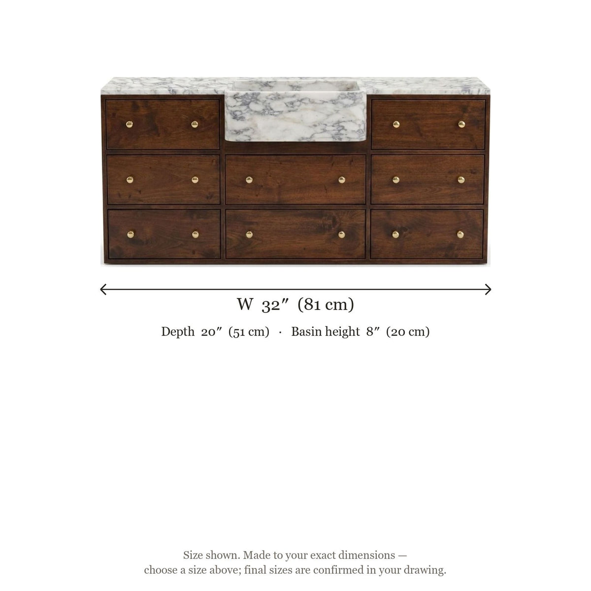 Calacatta Viola Marble Vanity with Wood Cabinet — dimensions — view 3