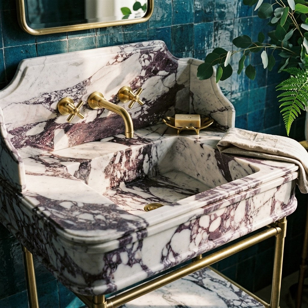 Calacatta Viola Marble Sink with Champagne Gold Stand — premium — view 2