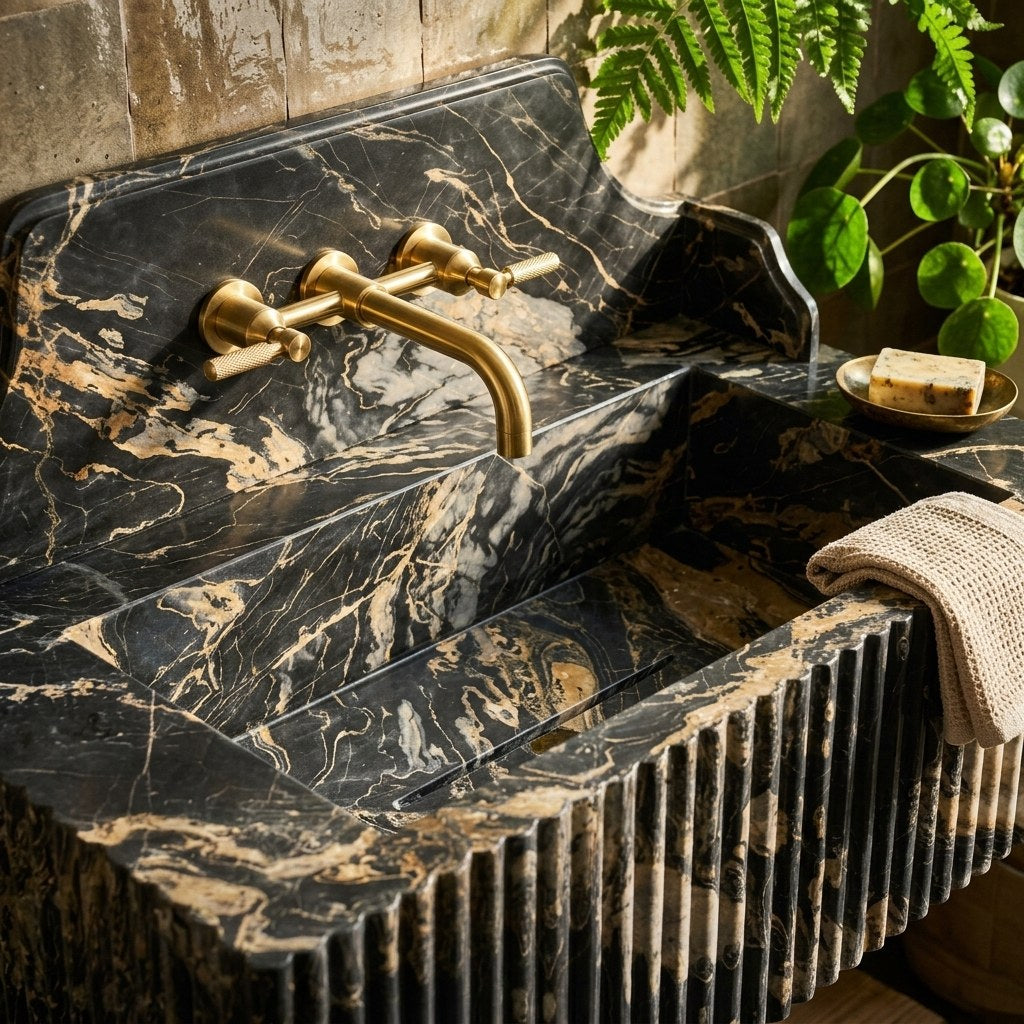 Picasso Honed Fluted Marble Sink with Backsplash — premium — view 2