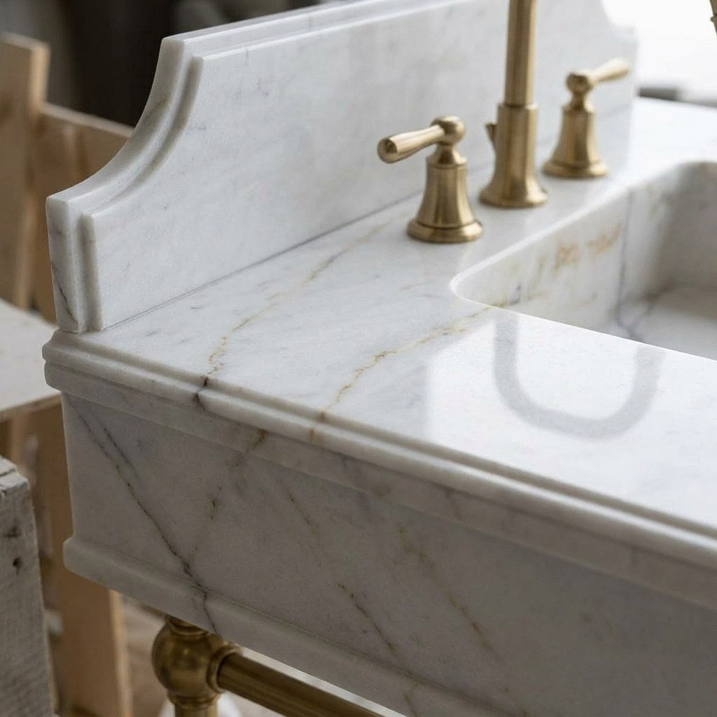Lilac Marble Sink with Brass Gold Stand and Backsplash — marble detail — view 3