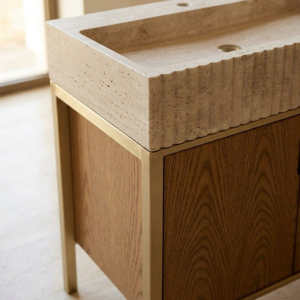 Travertine Fluted Marble Vanity with Brass Stand — detail — view 3