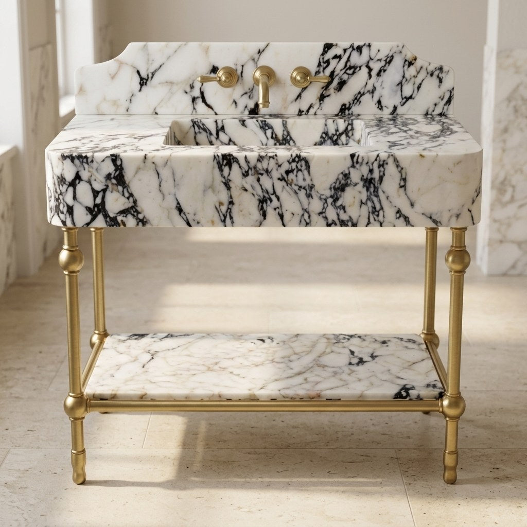 Calacatta Viola Marble Sink with Brass Stand and Backsplash — detail — view 4