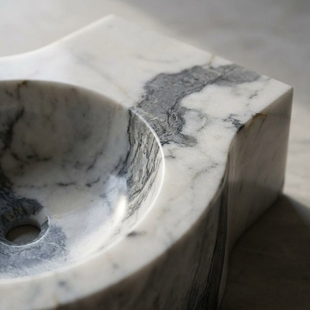 Carrara Polished Marble Sink with Curved Front — marble detail — view 3