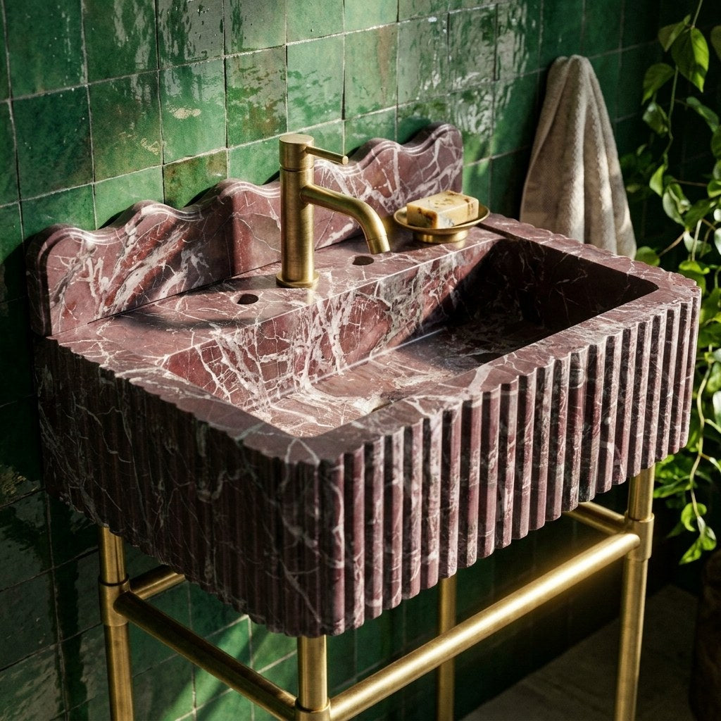 Rosso Levanto Fluted Marble Sink with Brass Stand — premium — view 2