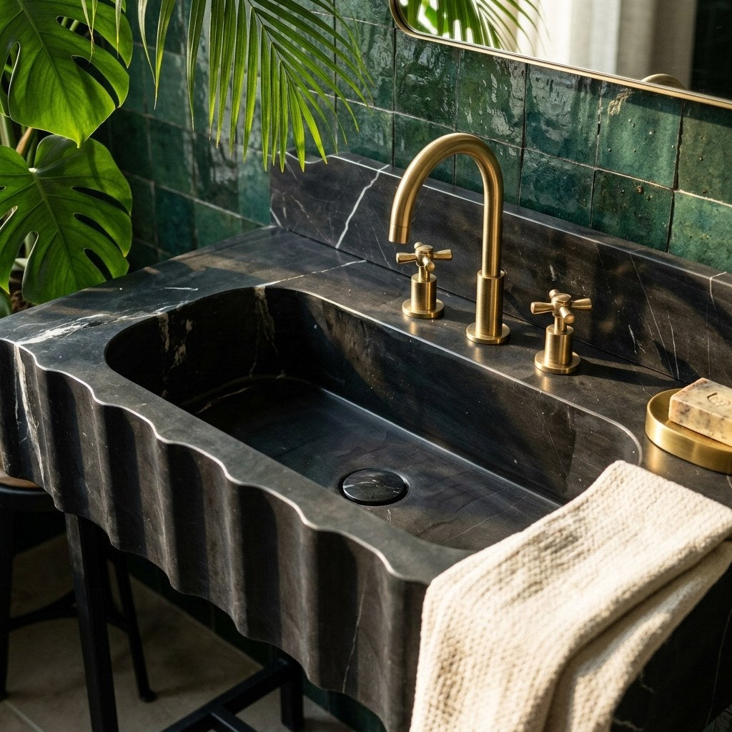 Nero Marquina Fluted Marble Sink with Backsplash — premium — view 2