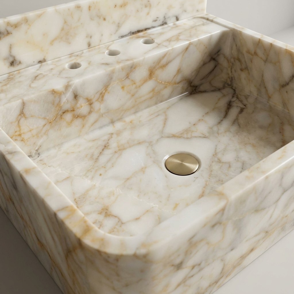 Calacatta Gold Polished Marble Sink with Backsplash — detail — view 3