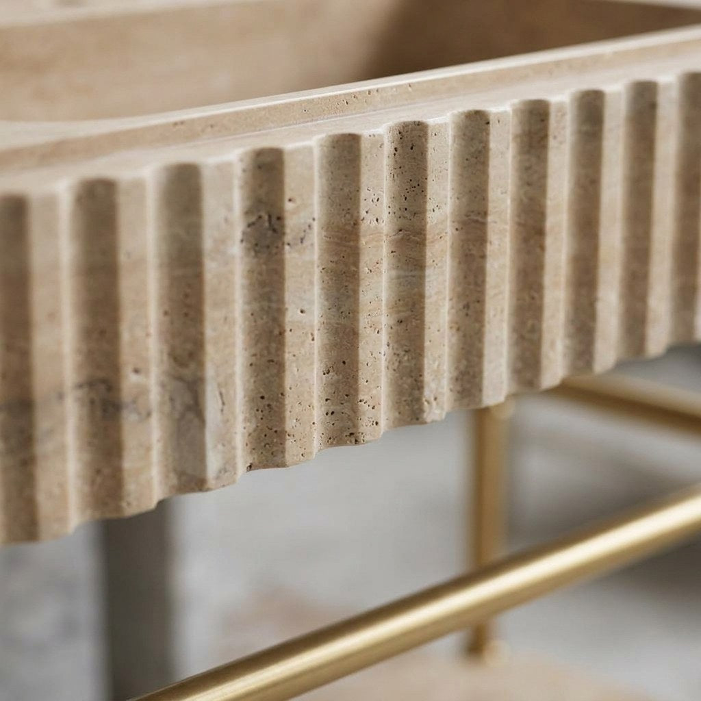 Fluted Travertine Sink with Brass Gold Stand — marble detail — view 3