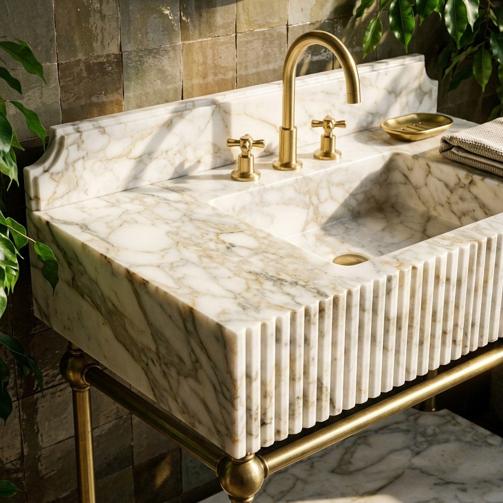 Calacatta Gold Marble Sink with Brass Stand and Backsplash — premium — view 2