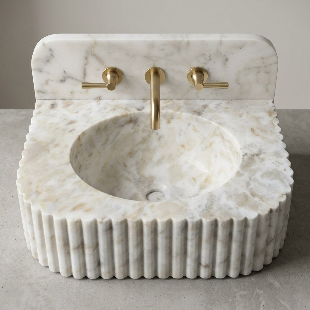 Carrara Fluted Marble Sink with Backsplash — detail — view 4