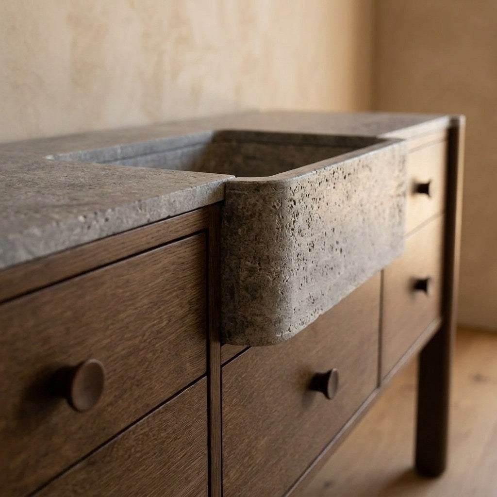 Travertine Marble Vanity with Wood Cabinet — detail — view 2