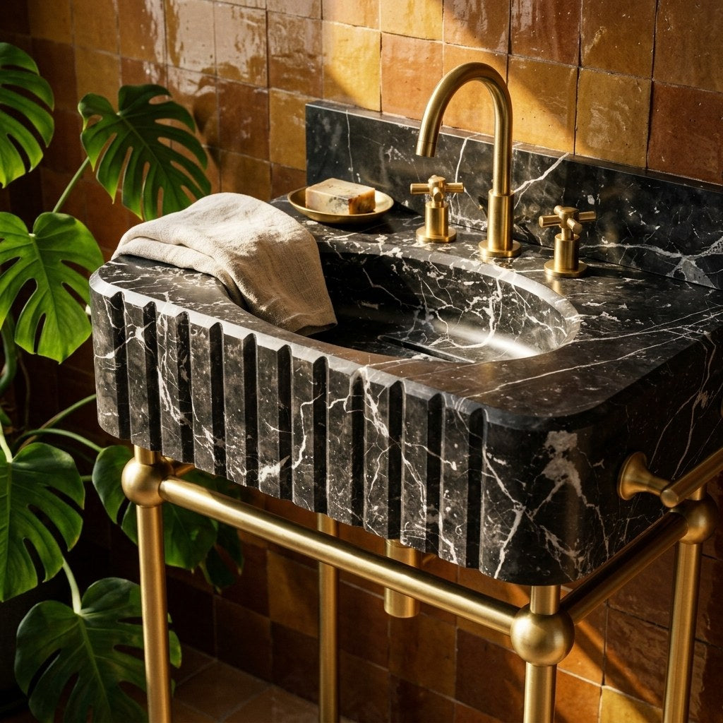 Pietra Notte Fluted Marble Sink with Brass Stand — premium — view 2
