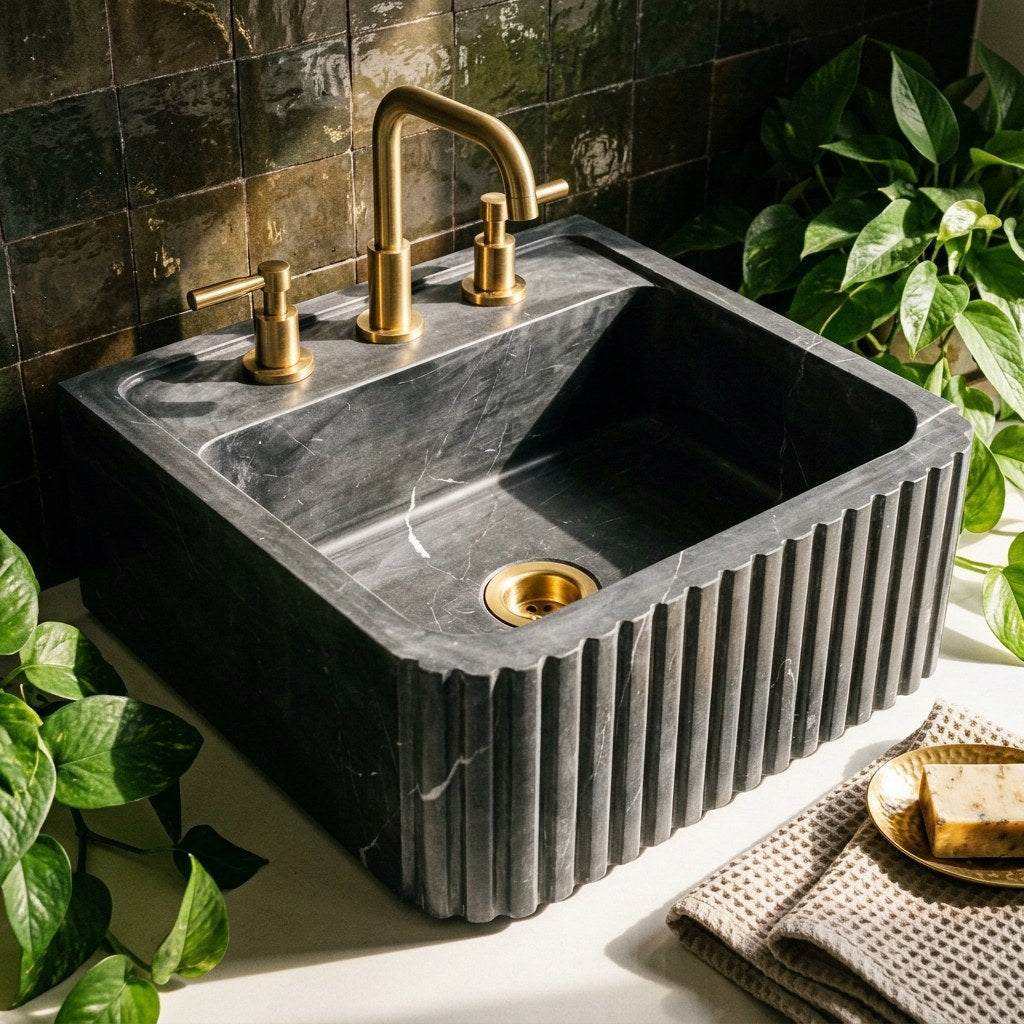Pietra Notte Fluted Marble Sink with 3 Faucet Holes — premium — view 2
