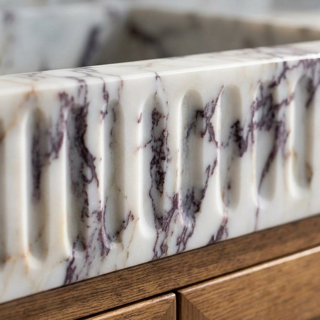 Calacatta Viola Fluted Marble Vanity with Backsplash — marble detail — view 3