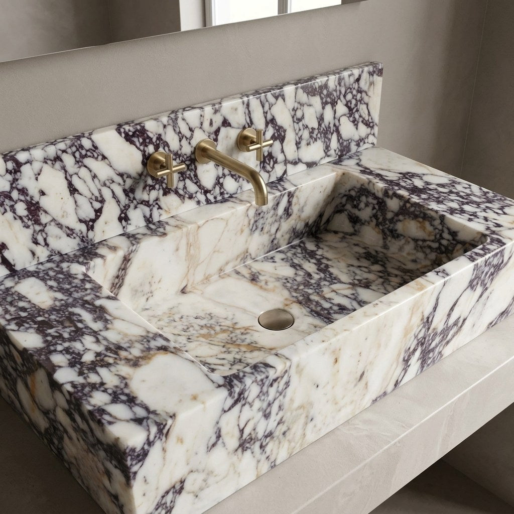 Calacatta Viola Polished Marble Sink with Backsplash — detail — view 4