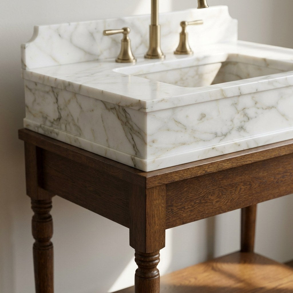 Calacatta Gold Marble Vanity with Backsplash and Wood Shelf — marble detail — view 3