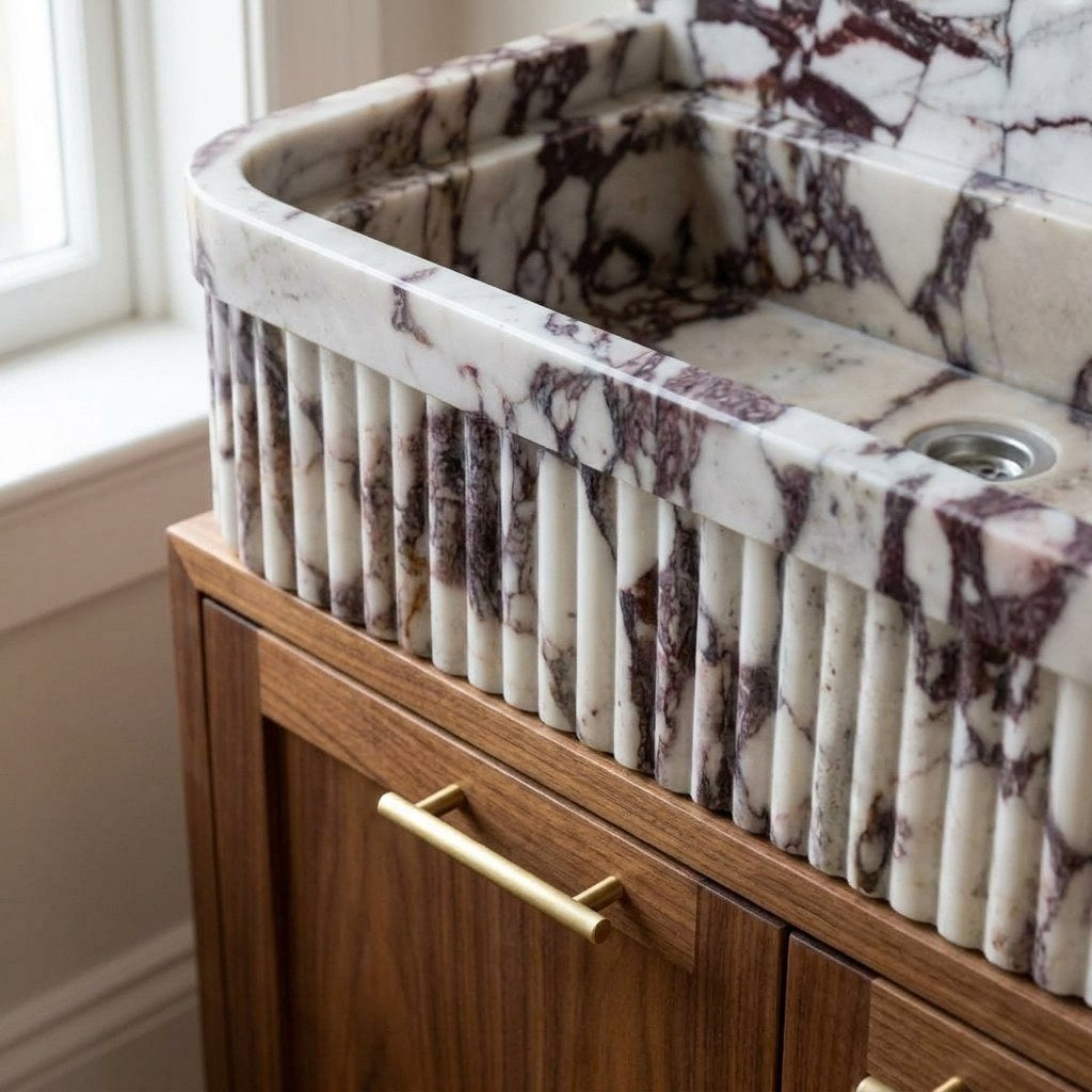 Calacatta Viola Fluted Marble Vanity with Backsplash — detail — view 3