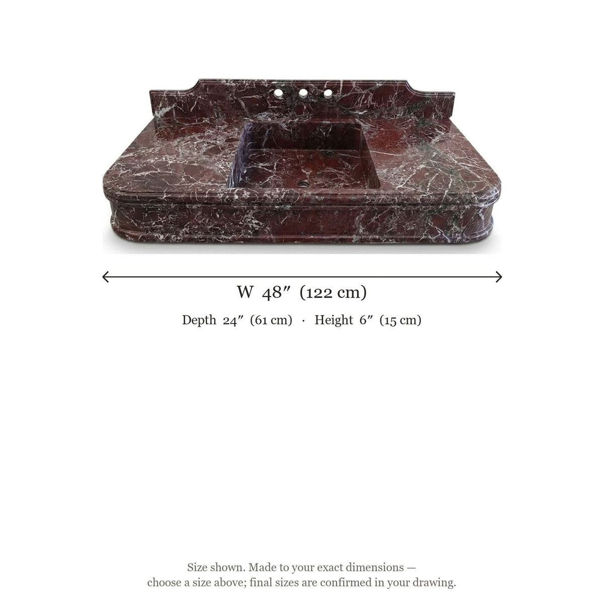 Rosso Levanto Marble Sink with Integrated Backsplash — dimensions — view 4