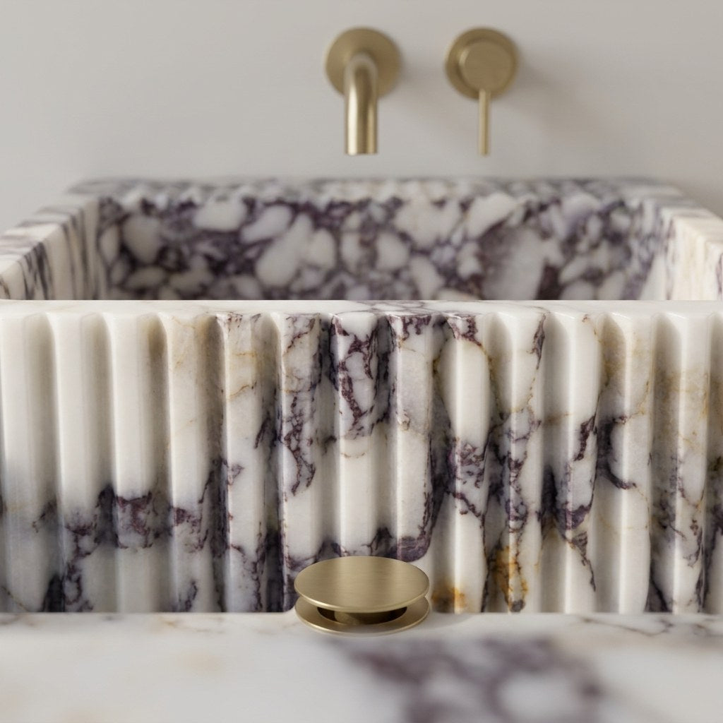 Calacatta Viola Fluted Polished Marble Vessel Sink — marble detail — view 3