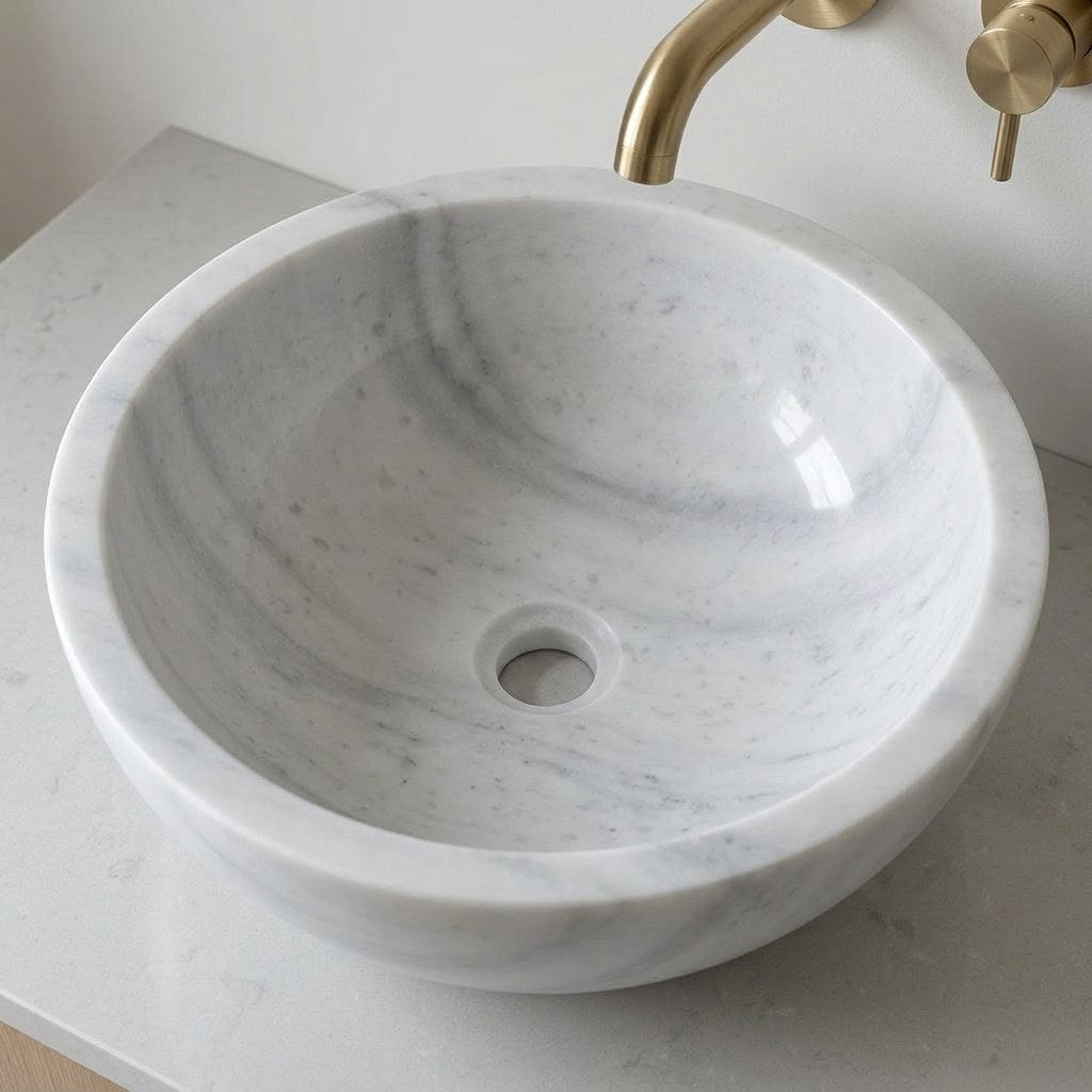Carrara Marble Round Polished Vessel Sink — detail — view 4