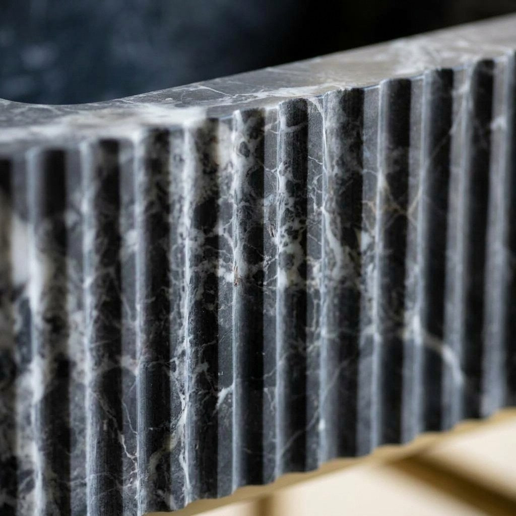 Pietra Notte Fluted Marble Sink with Brass Stand — marble detail — view 3