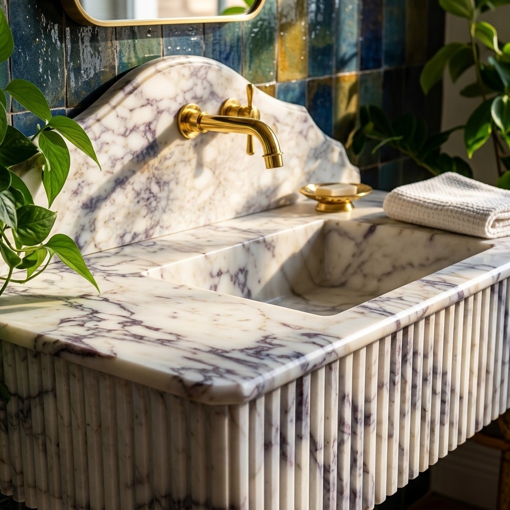 Calacatta Viola Fluted Marble Sink with Backsplash — premium — view 2