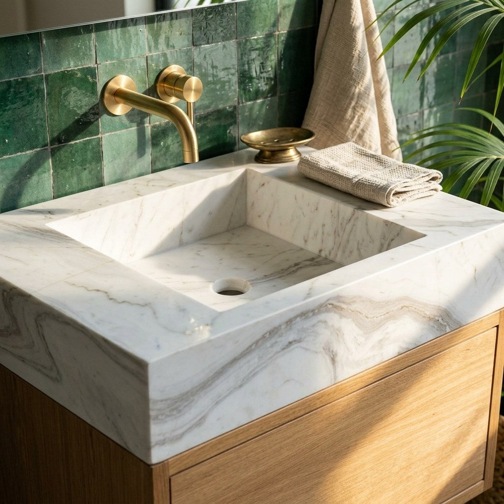 Carrara Polished Marble Vanity with Wood Cabinet — premium — view 2