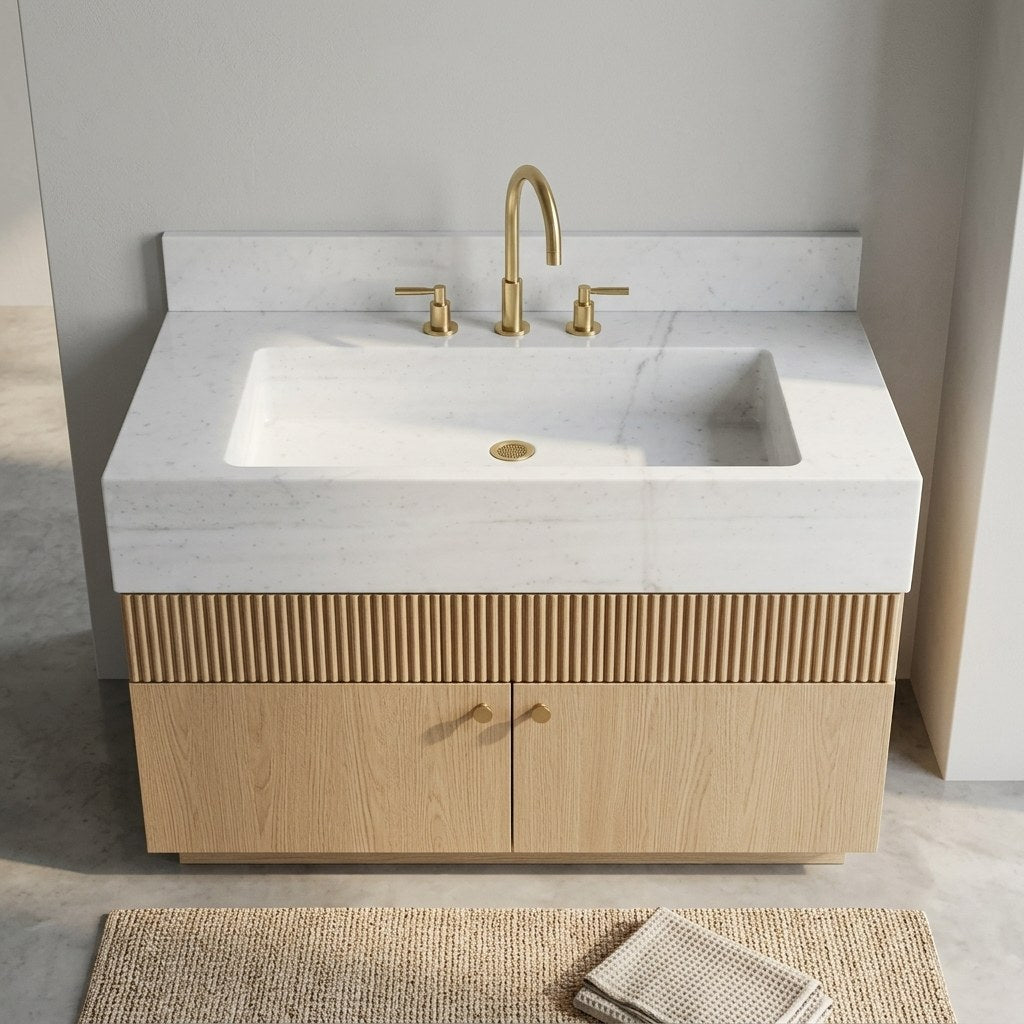 Carrara Fluted Marble Vanity with Backsplash — detail — view 3