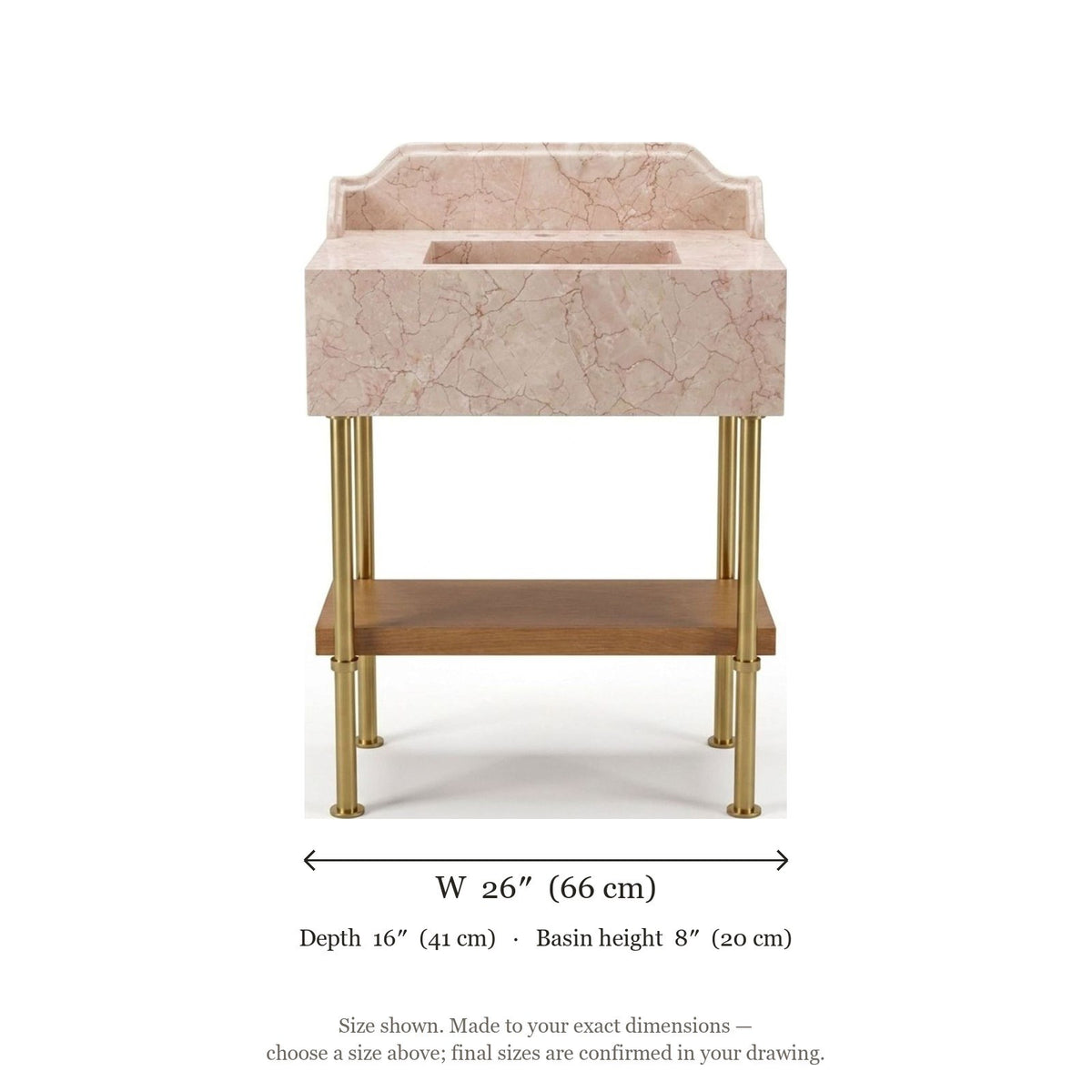Pink Violet Marble Sink with Brass Legs and Backsplash — dimensions — view 5