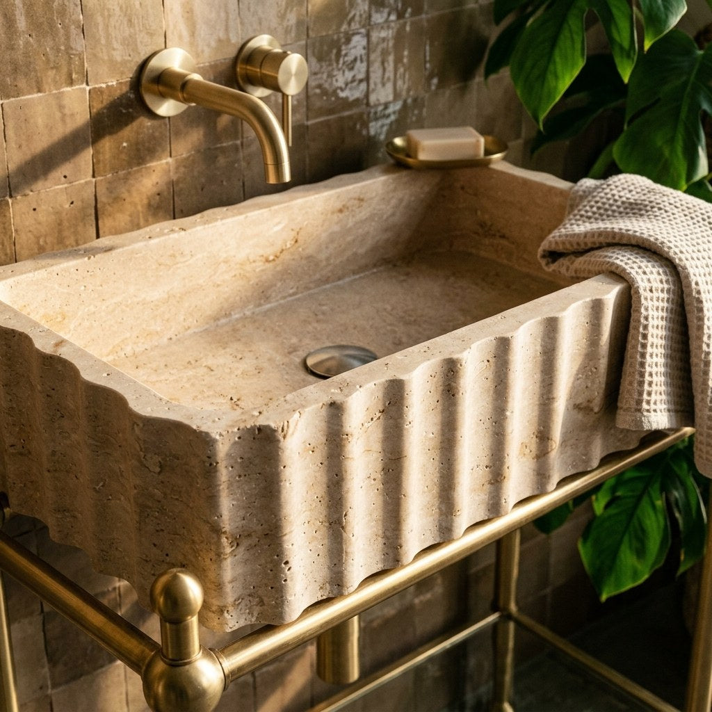 Polished Travertine Fluted Sink with Brass Stand — premium — view 2